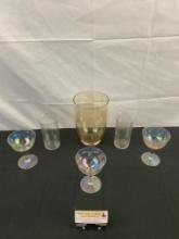 6 pcs Vintage 1930s Prismatic Iridescent Clear Glass Assortment. Vase, 3 Wine & 2 Water Glasses. ...
