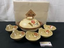 Vintage Japanese Stoneware Soup Tureen & 5 Soup Bowls