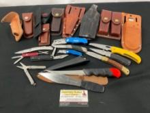 Assortment of Knives & Leather sheaths, incl. Winchester, Kershaw, Gerber brands, 25 total pieces