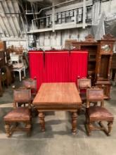 Antique 1800s German Carved Expanding Wooden Dining Table & 4 Leather Upholstered Chairs. See pics.