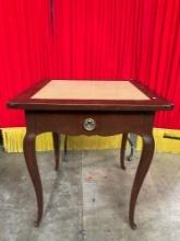 Vintage Wooden Side Table w/ Beige Ceramic Tile Top, 1 Drawer & Cabriole Legs. Measures 30" x 32"