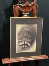 Framed Vintage 1986 Signed Litho of a Raccoon titled Little Bandit by Artist W.E.Ryan