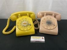 Pair of Vintage Rotary Phones, Yellow & Peach in Color by Western Electric