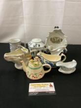 Assorted Figural Creamers, Royal Bayreuth Bull Shaped, Dunn Bennett & Co. Sugar Container, & more