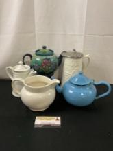 Variety of 5 Teapots & Pitchers, Yugoslavian #14 blue, Lord Nelson Pottery, Parian ware w/ Metal ...