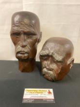 Vintage Wooden Handcrafted Busts of an older man w/ mustache