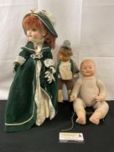 3x Vintage Dolls, Effanbee Age of Elegance 18 inch, German Traditional Clothing & Cast Metal & Cl...