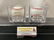 Pair of Handsigned Balls from current Mariners Players, Hisashi Iwakuma, Kyle Seager in acrylic c...
