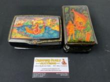 Pair of Handpainted Russian Black Lacquer Wooden Trinket Boxes, Boat Scene & Tree Gnome