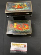 Pair of Handpainted Russian Black Lacquer Wooden Trinket Boxes, 2 Horse Drawn Sleigh Scenes