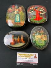 4x Handpainted Russian Black Lacquered Trinket Boxes, Cathedrals, Village Woman, 5 Flying Swans