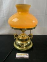 American Coop 1850 Brass Lamp Repro, w/ Hurricane style Pale Yellow Shade