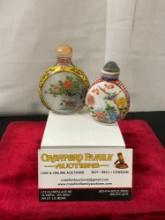 Pair of Vintage Chinese Polychrome Milk Glass Snuff Bottles, Yellow & Red Rimmed