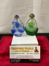 Pair of Chinese Peking Glass Snuff Bottles w/ Blue & Green Overlaid Glass Koi Designs