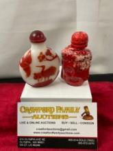 Pair of Vintage Chinese Snuff Bottles, Peking Red & Milk Glass & Red Coral Buddha Head