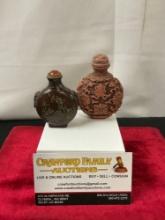 Pair of Chinese Snuff Bottles, Ox Horn (?) Engraved & Brown Faux Cinnabar