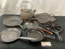 Assorted Cast Iron, unmarked pieces, Lodge 8 section quiche pan & square pan, Kettle w/ Wire handle
