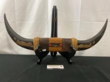 Carved Wooden & Fur Hawaiian Bull Horns Wall Hanging Decor piece