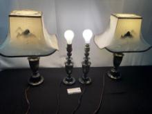 4x Japanese Brass Lamps w/ Pagoda Etched in the base, black and brass in color