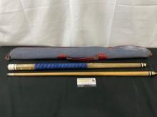 Vintage Pool Cue, 2 pieces w/ MOP inlay and Leather Handle Section, 58 inches long w/ Carrying Case