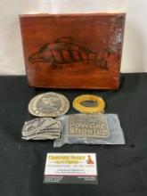 4x Brass Belt Buckles, Trinket Box w/ Native Salmon Art on top
