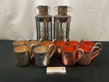 Pair of Kerosene Lanterns, 10x Smirnoff Mule Metal Cups, aluminum copper mugs
