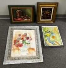 4 Oil Paintings - Still Life, 3 Are On Board & Unsigned, 1 Is On Canvas & S