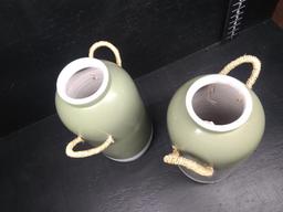 (2) Decorative Pottery Double Rope Handle Vases