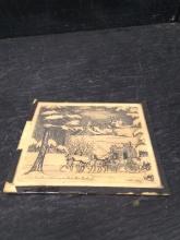 Vintage Pen and Ink Under Glass- Carriage Ride