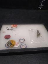 Glass Top Collectors Box-Political Pins, Airplane Wings, Novelties