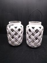 Pair Ceramic White Hanging Garden Lanterns