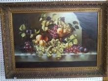 Artwork -Decorative Oil on Canvas-Still Life of Fruit and Grapes with Highly Decorative Frame