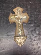Religious Icon-Hardened Leather and Metal Crucifix with Holy Water Bowl