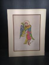 Artwork-Gold Flake Acrylic on Silk-Bird signed SE Mark from the Book of Kells