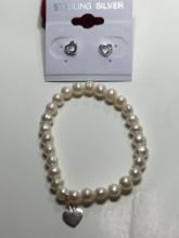 .925 7" A A A 7mm White Cream Natural Freshwater Pearls W/ .925 Heart Charm