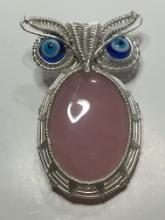 2 1/4" A A A Top Quality Silver Wire Wrap Rose Quartz Owl Pendant Blue Glass Eyes