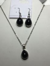 18" .925 1 1/8" A A A Gorgeous Set Black Onyx Pear Shape Pendant With Matching Earrings