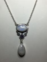 22" A A A Gorgeous Natural Moonstone & Amethyst Center Stone .925 S-clasp