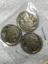 (3) Buffalo Nickels 1916 D, 1917 P, 1917 P