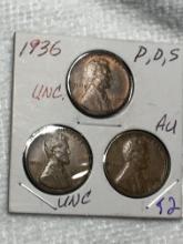 (3) Lincoln Wheat Cent 1936 P, D, S
