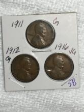 (3) Lincoln Wheat Cent 1911 P, 1912 P, 1916 P