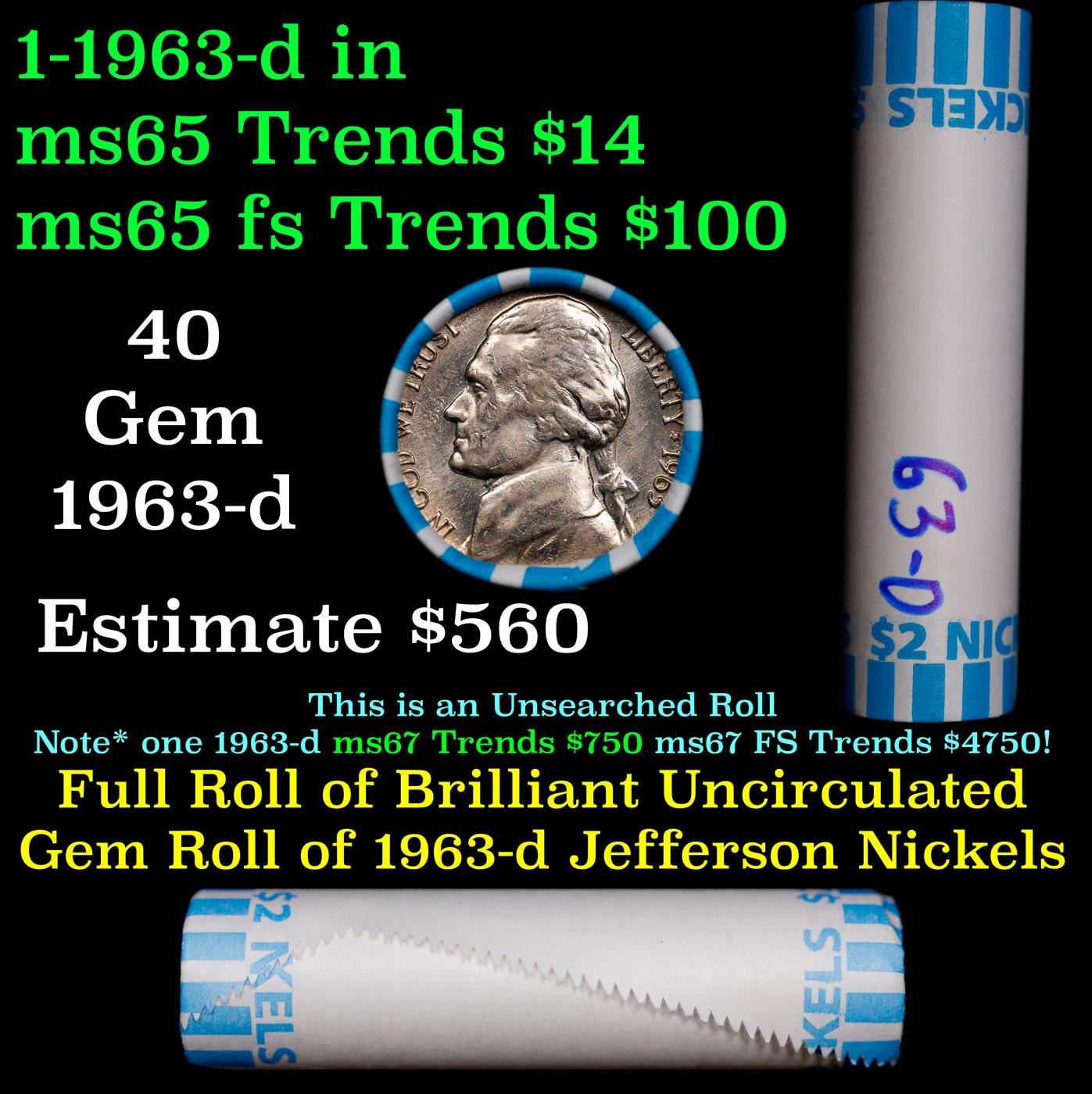 BU Shotgun Jefferson 5c roll, 1963-d 40 pcs Bank $2 Nickel Wrapper