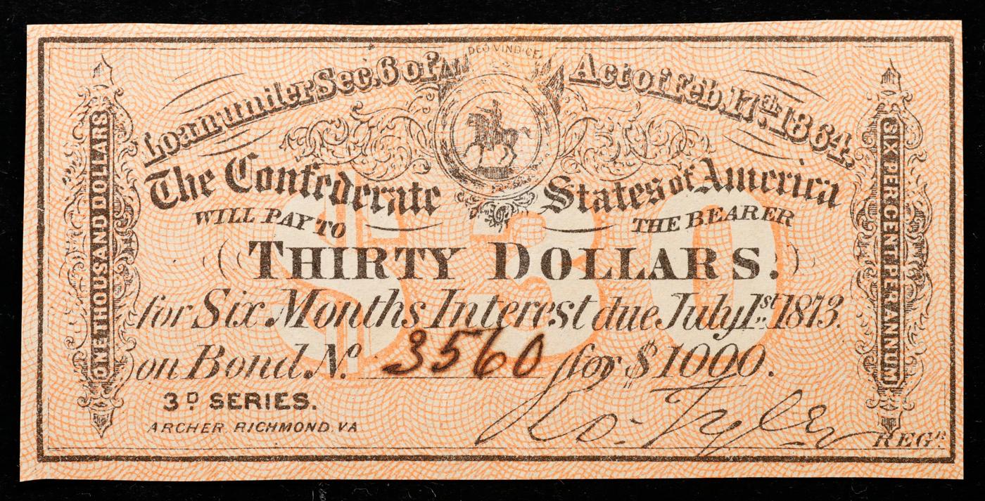 1864 3rd Series Confederate States Thirty Dollars Note Grades Choice AU/BU Slider