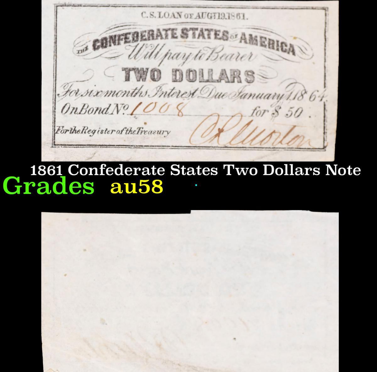 1861 Confederate States Two Dollars Note Grades Choice AU/BU Slider