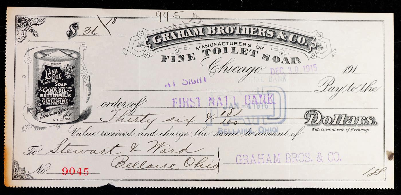 1915 Graham Brothers & Co Check for $36.18, Chicago IL, Bellaire Ohio Grades Choice AU