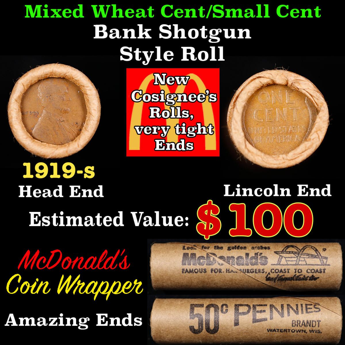 Lincoln Wheat Cent 1c Mixed Roll Orig Brandt McDonalds Wrapper, 1919-s end, Wheat other end