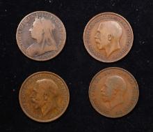 Group of 4 Coins, Great Britain Pennies, 1891, 1912, 1913, 1936 .