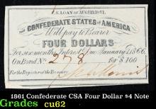 1861 Confederate CSA Four Dollar $5 Note Grades Select CU