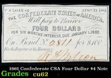 1861 Confederate CSA Four Dollar $5 Note Grades Select CU