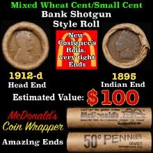 Small Cent Mixed Roll Orig Brandt McDonalds Wrapper, 1912-d Lincoln Wheat end, 1895 Indian other end